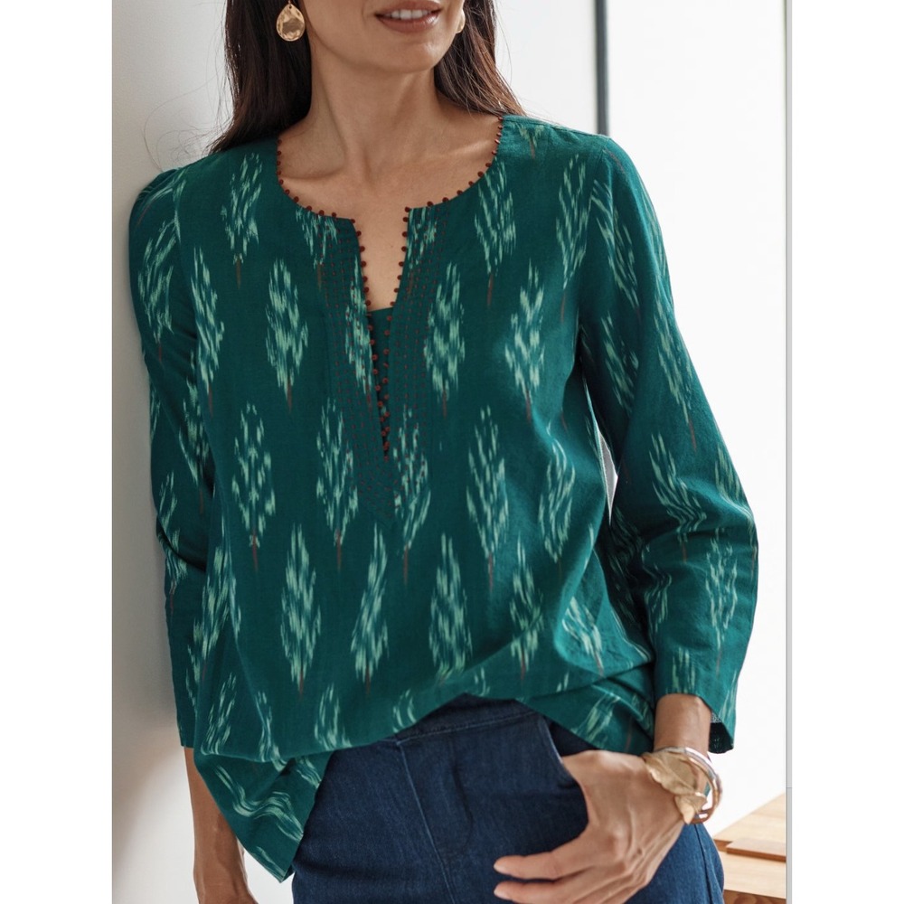 Pure Jill Ikat Embroidered Blouse Women Medium Petite Teal Boho Top